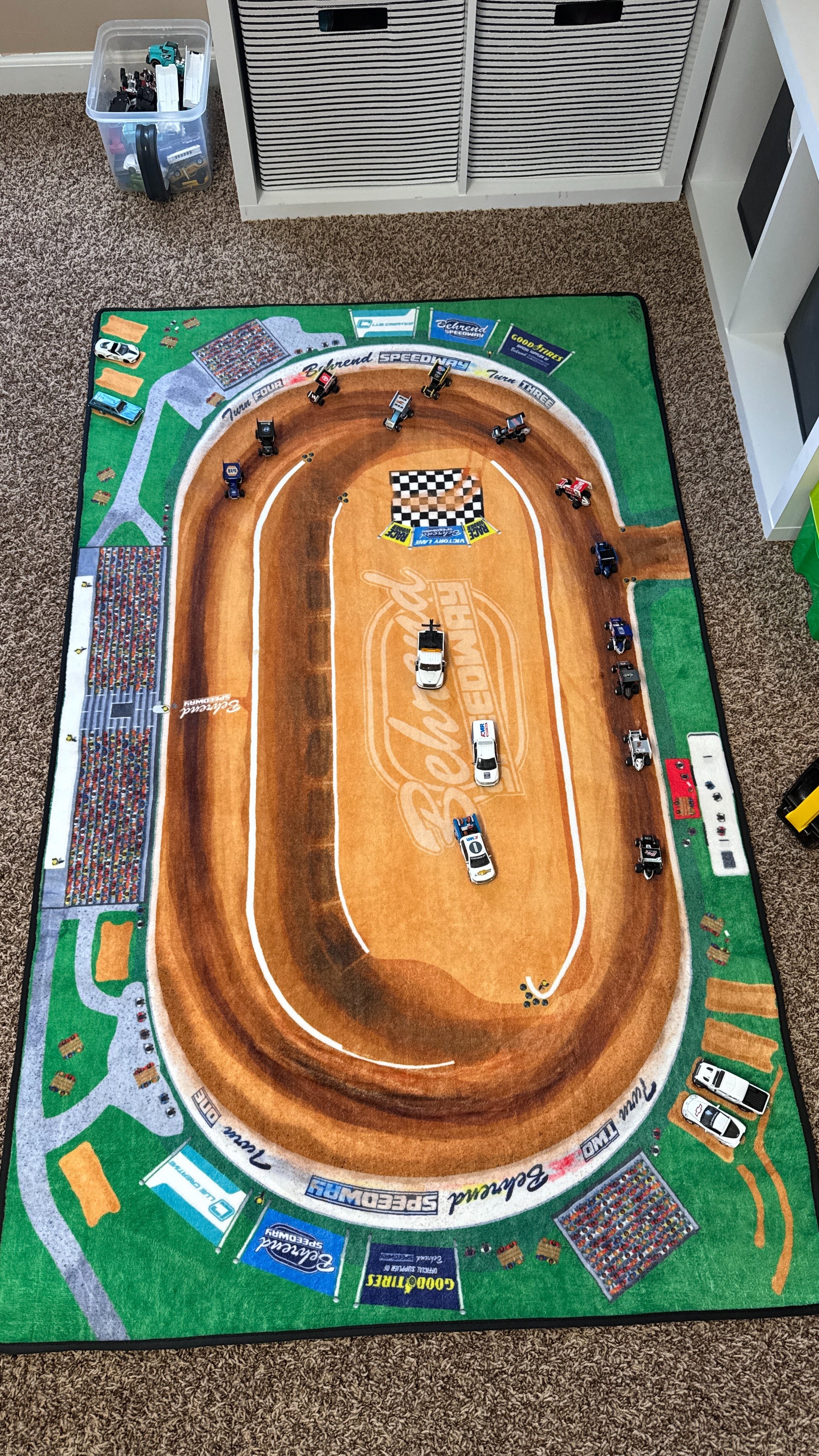 Cars on dirt track rug