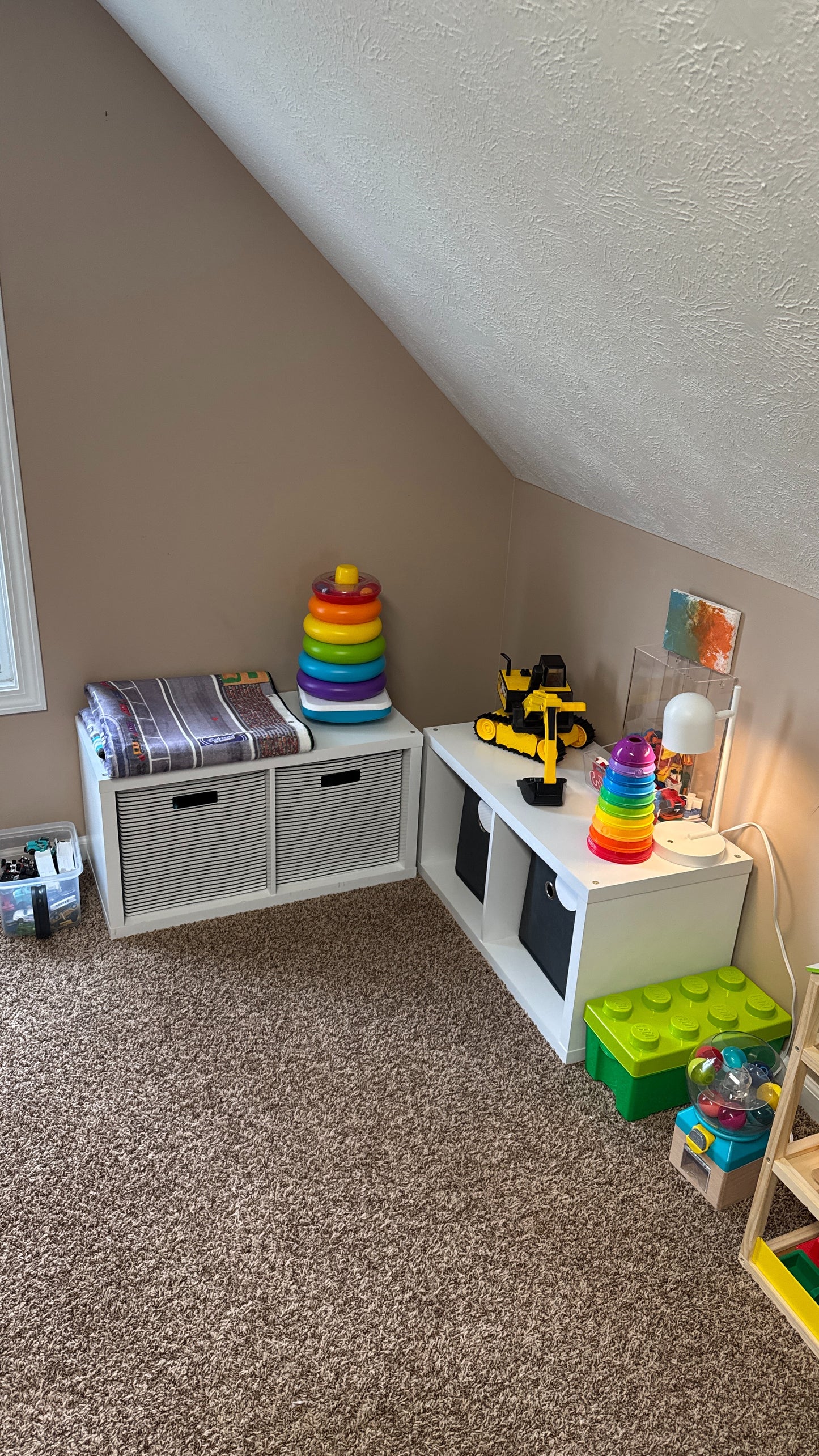Racetrack carpet folded and stored on the shelf